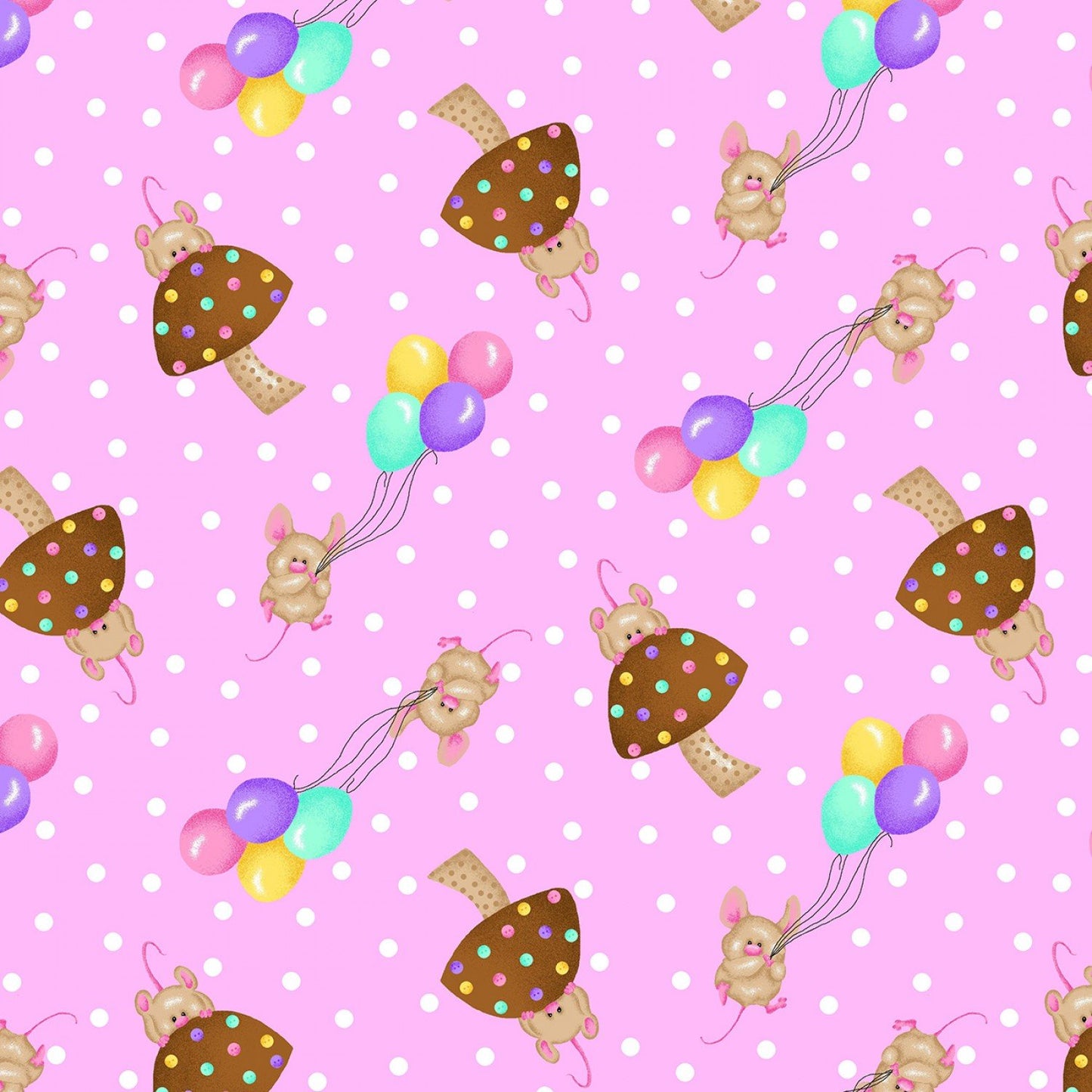A.E. Nathan Comfy Flannel Mice Balloons and Mushrooms on Pink Baby Price per Yard