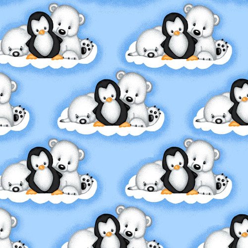 A.E. Nathan Comfy Flannel Penguins Polar Bears and Seals on Light Blue Baby Price per Yard