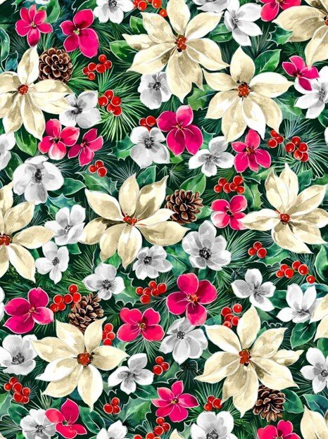 Christmas Noel Poinsettia Pinecones Teal 100% Cotton