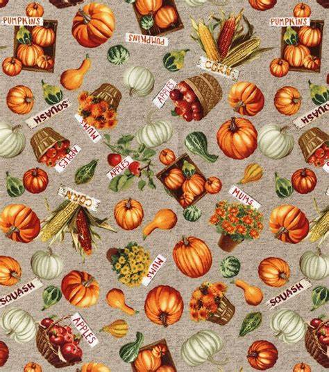 Hi Fashion Pumpkin Apples and Mums on Tan Thanksgiving By the Yard