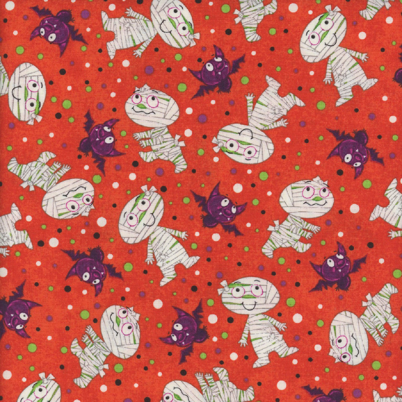 Studio E Halloween Glow Graveyard Ghouls Mummies and Bats on Orange 100% Cotton Fabric