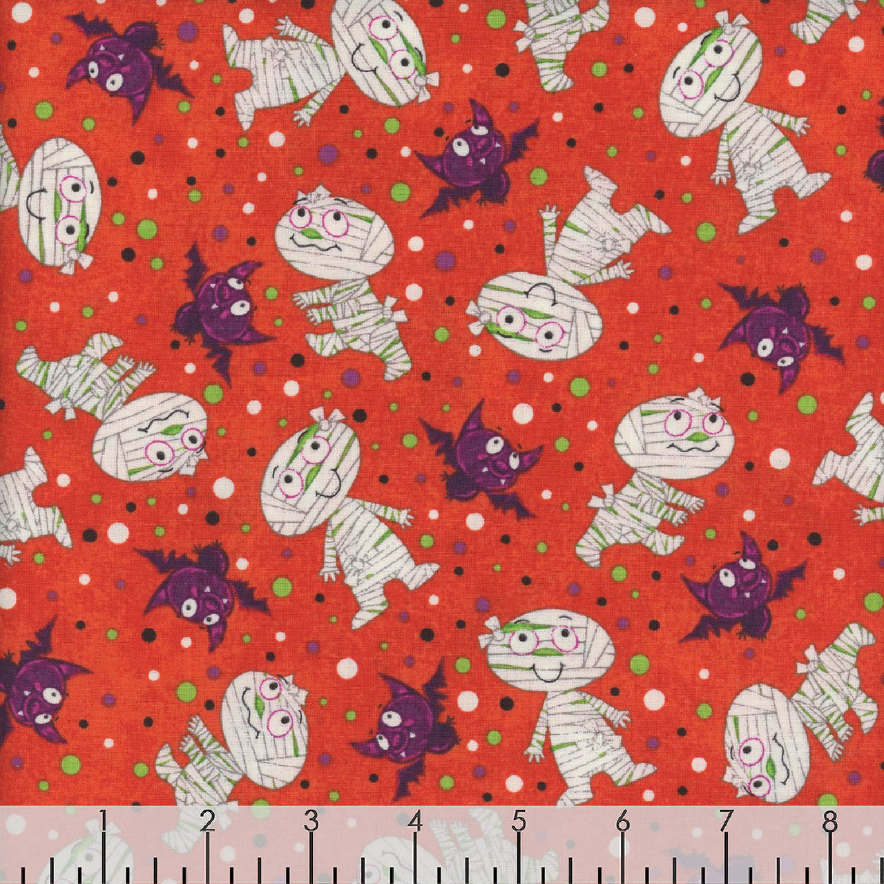 Studio E Halloween Glow Graveyard Ghouls Mummies and Bats on Orange 100% Cotton Fabric