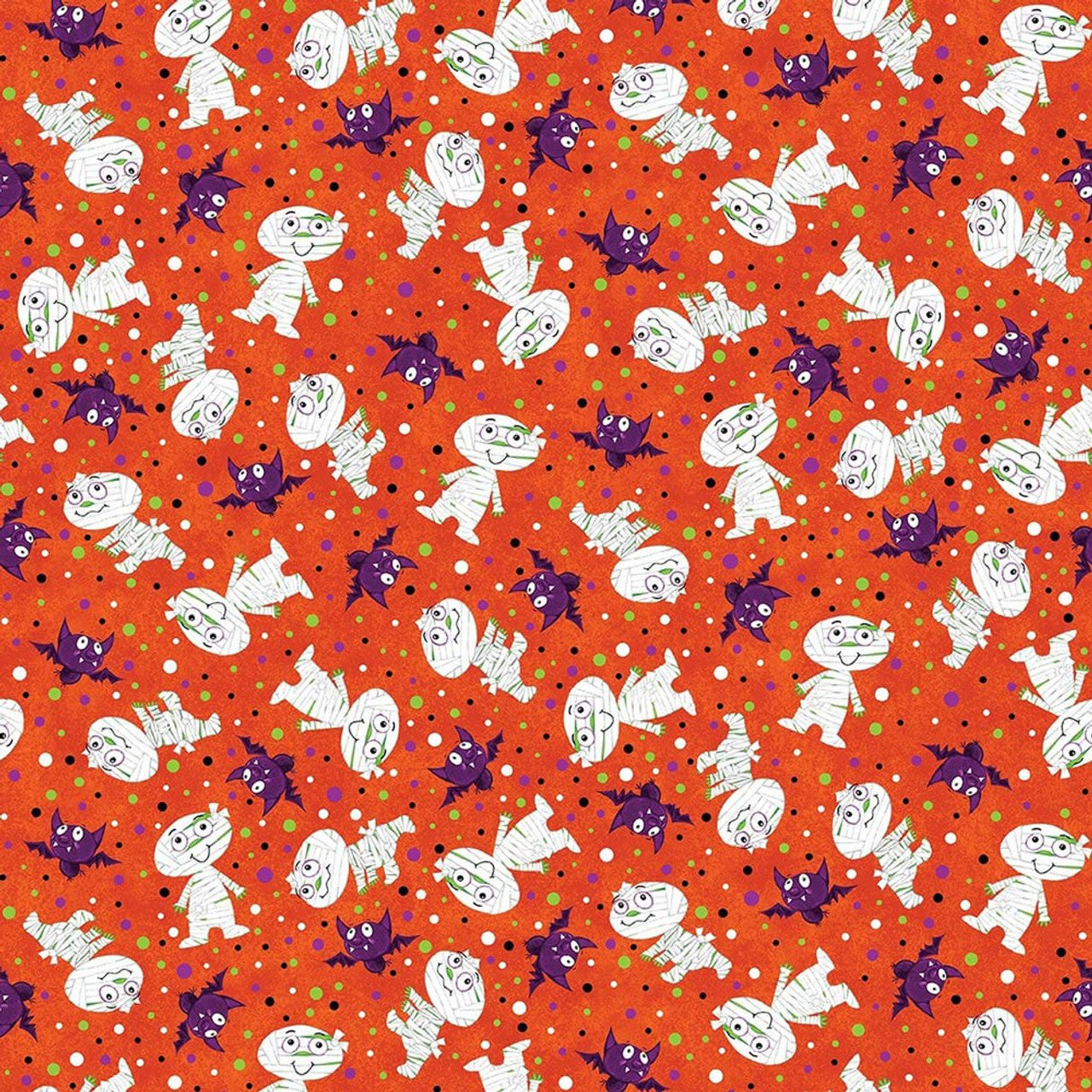 Studio E Halloween Glow Graveyard Ghouls Mummies and Bats on Orange 100% Cotton Fabric