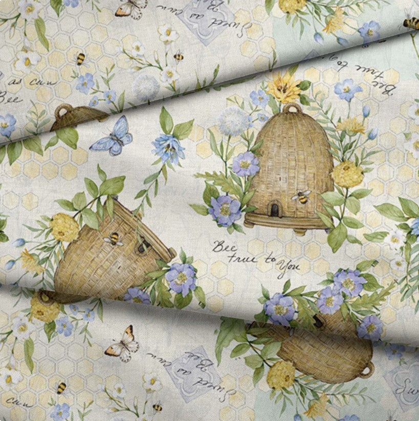 Spring Creative Sweet as can Bee Tossed Hives and Floral 100% Cotton By the Yard Novelty