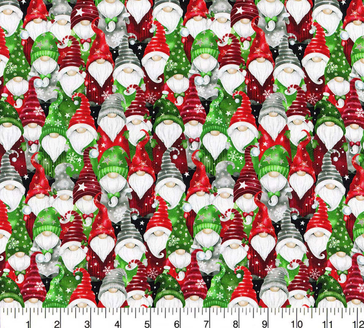 Hi Fashion Christmas Red Green Packed Gnomes 100% Cotton Fabric