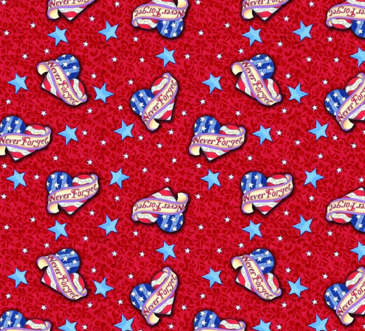 Springs Creative Patriotic Hearts on Red Never Forget By the yard