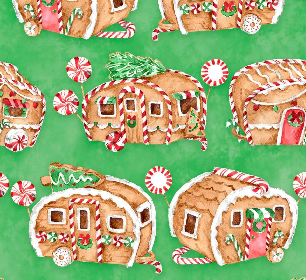 3 Wishes Christmas Gingerneering Gingerbread Campers on Green 100% Cotton By the yard