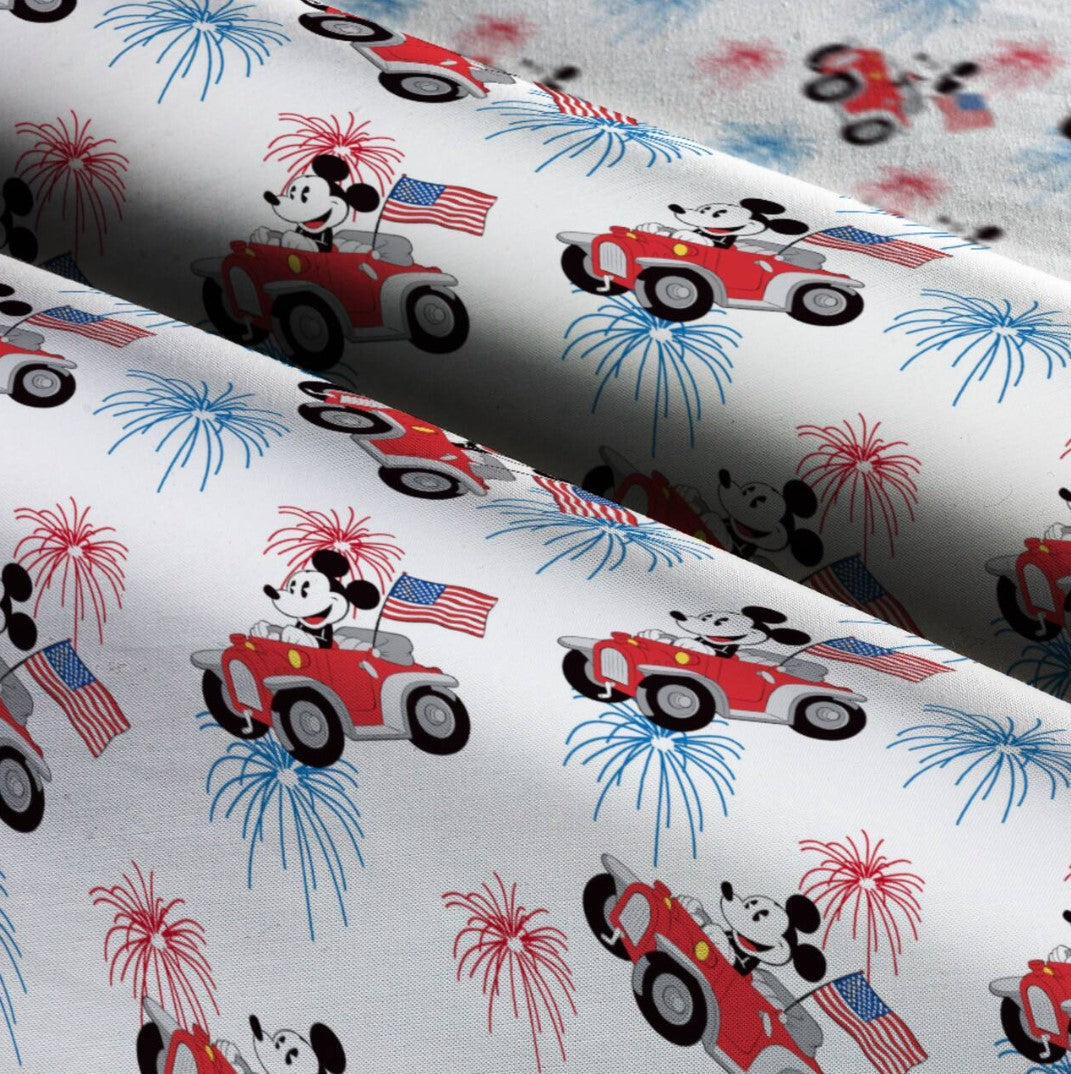 Springs Creative Patriotic Mickey Driving Car on White By the Yard