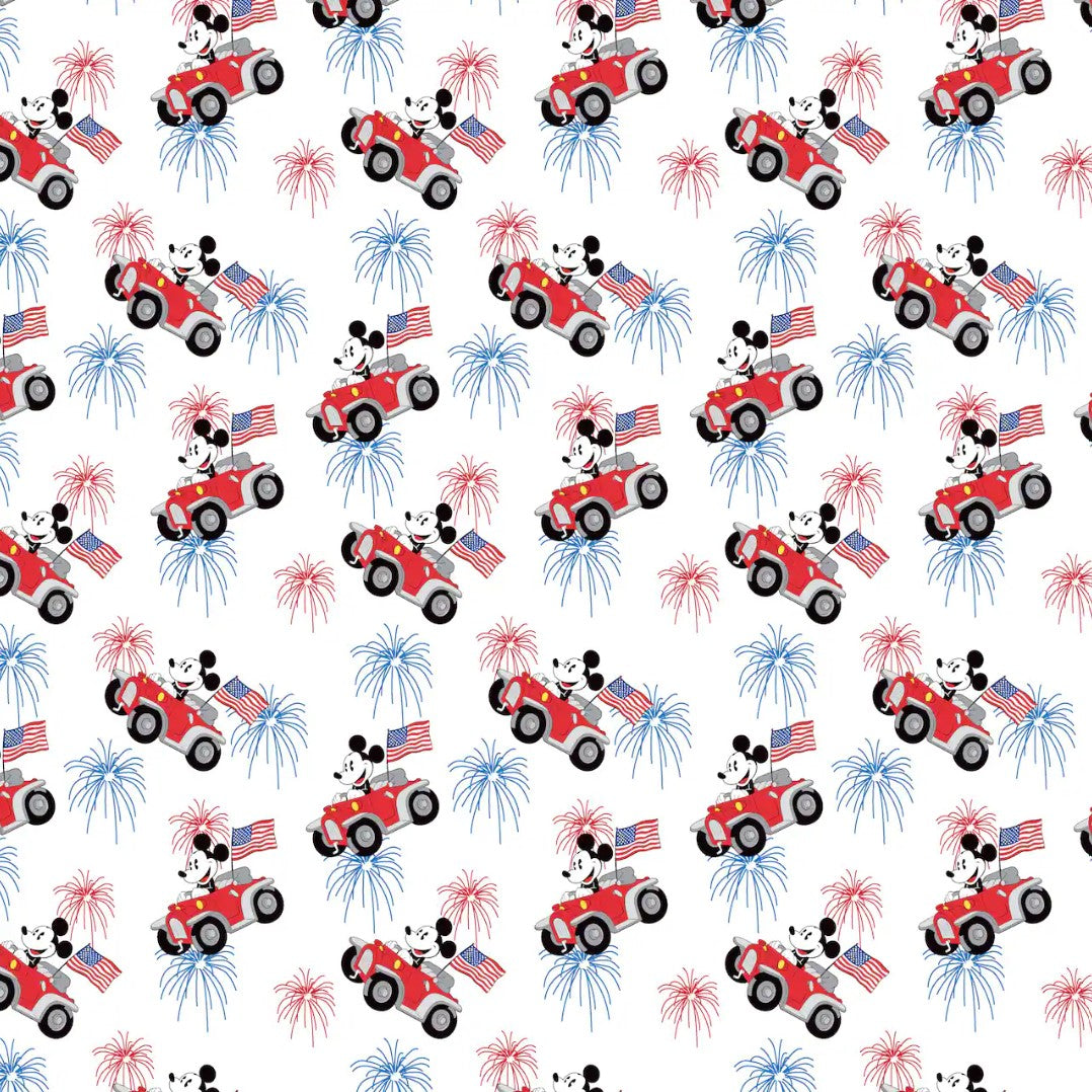 Springs Creative Patriotic Mickey Driving Car on White By the Yard