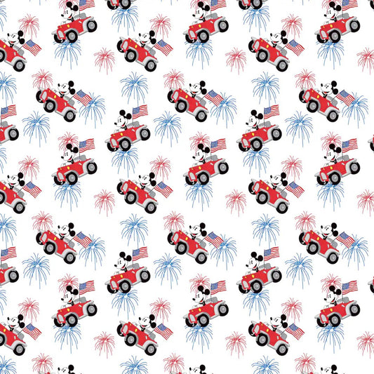 Springs Creative Patriotic Mickey Driving Car on White By the Yard