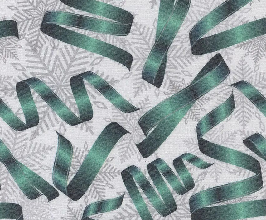 Mook Fabrics Christmas Teal Ribbons Silver Snowflakes 100% Cotton Fabric By the yard