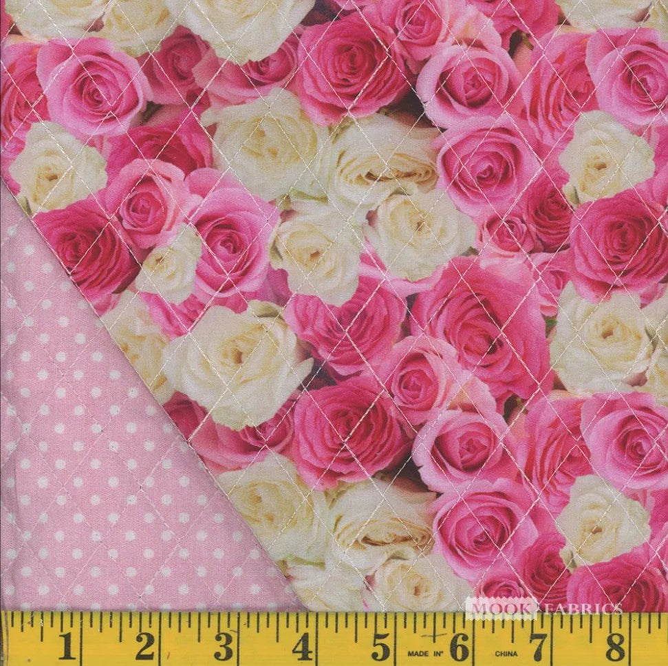 Mook Fabrics Double Faced Prequilted Pink White Roses Dots By the Yard