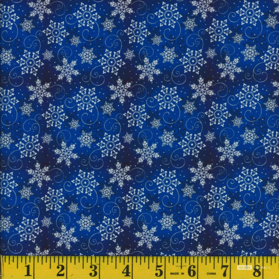 Mook Fabrics Christmas Snowflakes on Blended Blue 100% Cotton Fabric Price per yard
