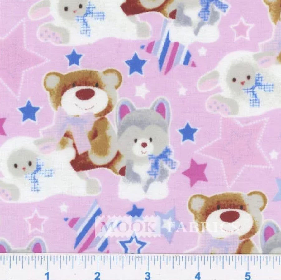 Mook Fabrics Flannel Fox Sheep Bear Pink Baby 100% Cotton Price per Yard