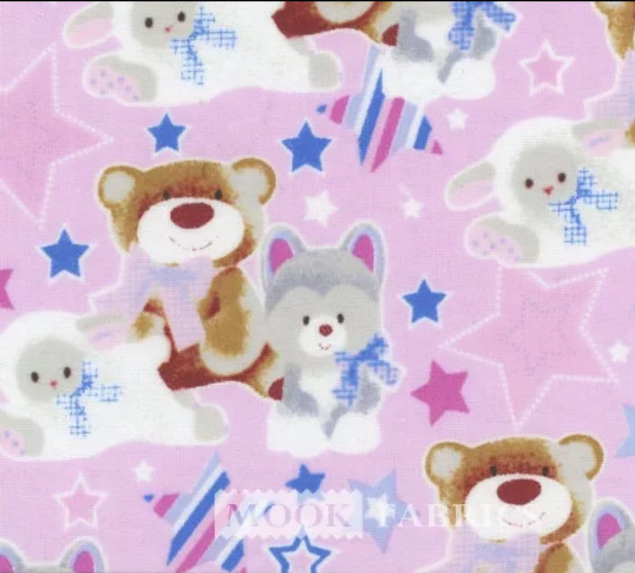 Mook Fabrics Flannel Fox Sheep Bear Pink Baby 100% Cotton Price per Yard