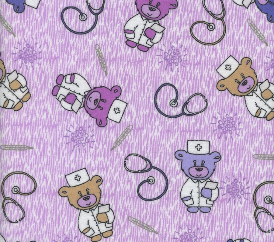 Mook Fabrics Flannel Doctor Teddy Purple Baby 100% Cotton Price per Yard
