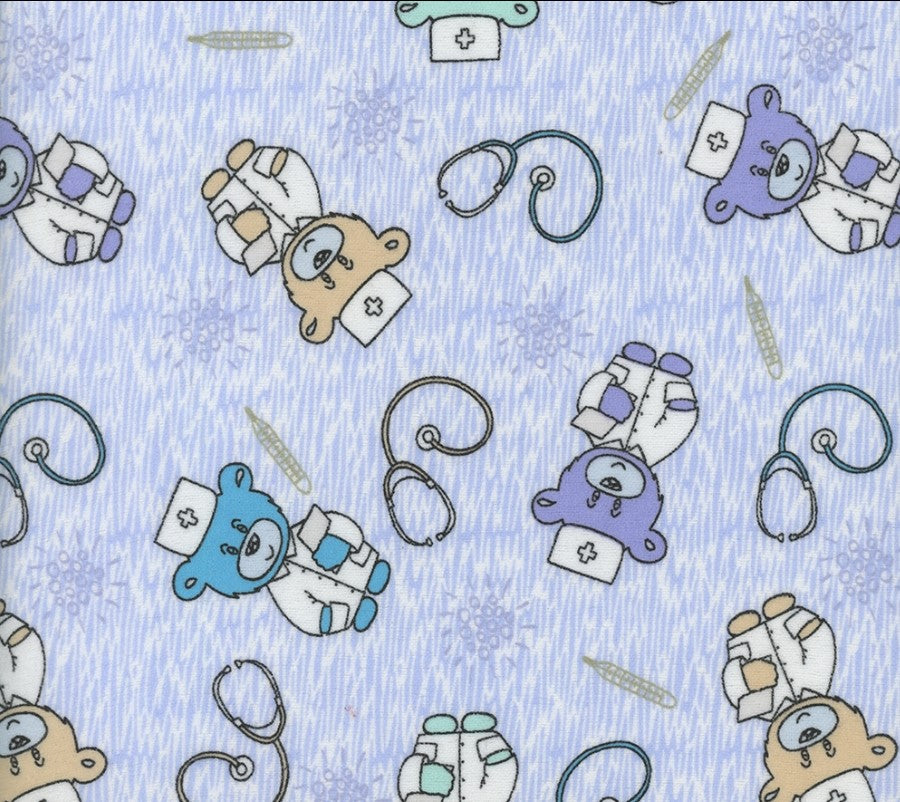 Mook Fabrics Flannel Doctor Teddy Blue Baby 100% Cotton Price per Yard