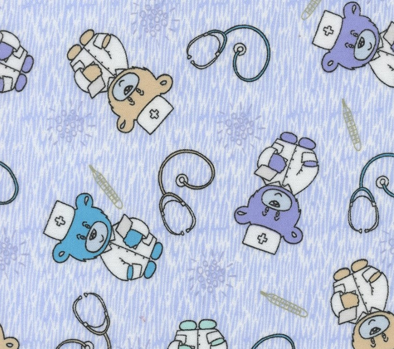 Mook Fabrics Flannel Doctor Teddy Blue Baby 100% Cotton Price per Yard