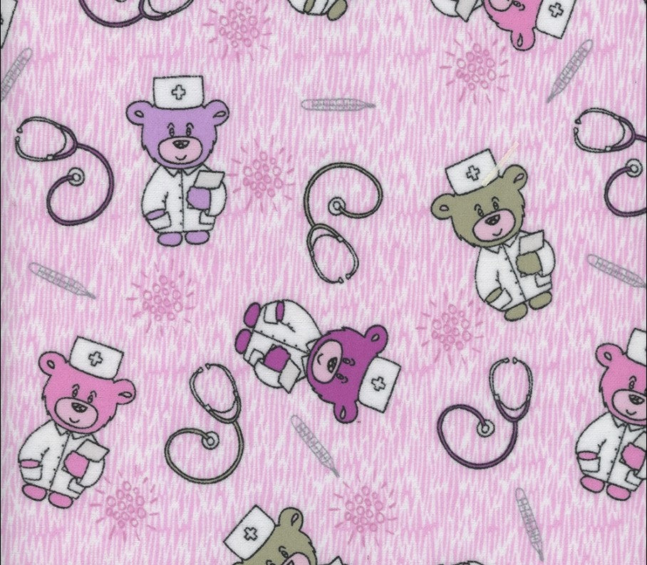 Mook Fabrics Flannel Doctor Teddy Pink Baby 100% Cotton Price per Yard
