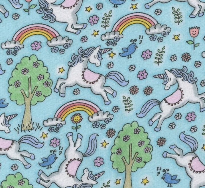 Mook Fabrics Flannel Unicorn Blue Baby 100% Cotton Price per Yard