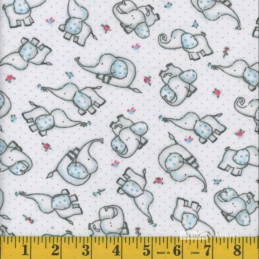 Mook Fabrics Flannel Elephant Dotted Rose Mint Green Baby 100% Cotton Price per Yard