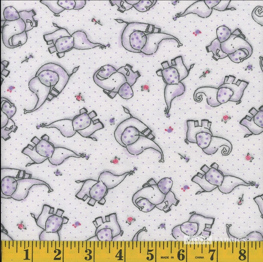 Mook Fabrics Flannel Elephant Dotted Rose Purple Baby 100% Cotton Price per Yard