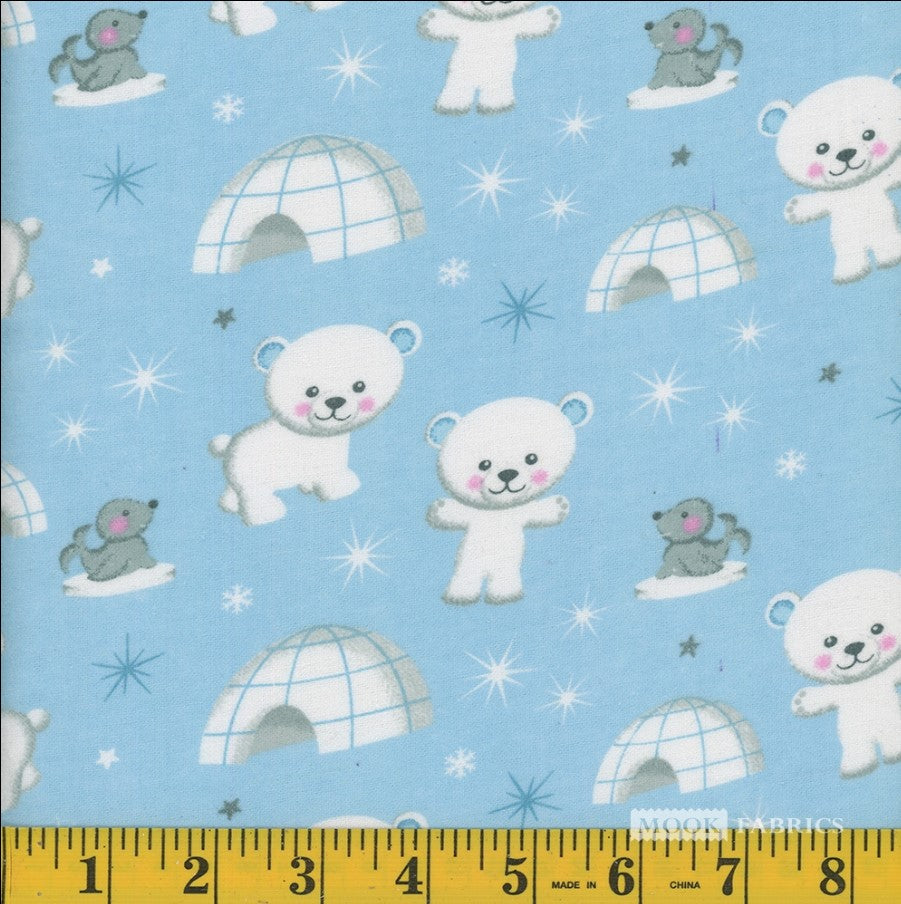 Mook Fabrics Flannel Igloo Bears Seals Blue Baby 100% Cotton Price per Yard