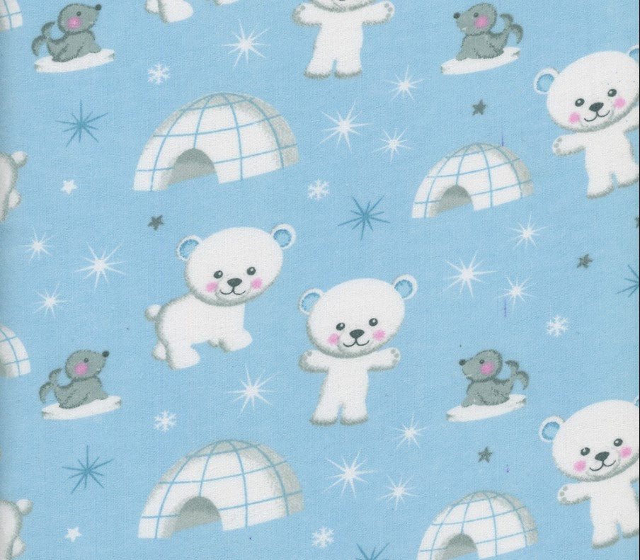 Mook Fabrics Flannel Igloo Bears Seals Blue Baby 100% Cotton Price per Yard