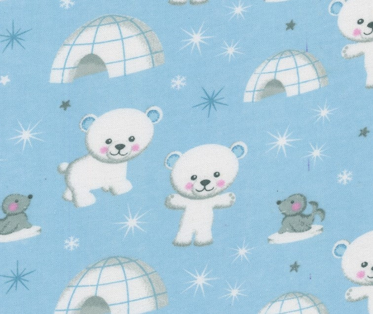 Mook Fabrics Flannel Igloo Bears Seals Blue Baby 100% Cotton Price per Yard