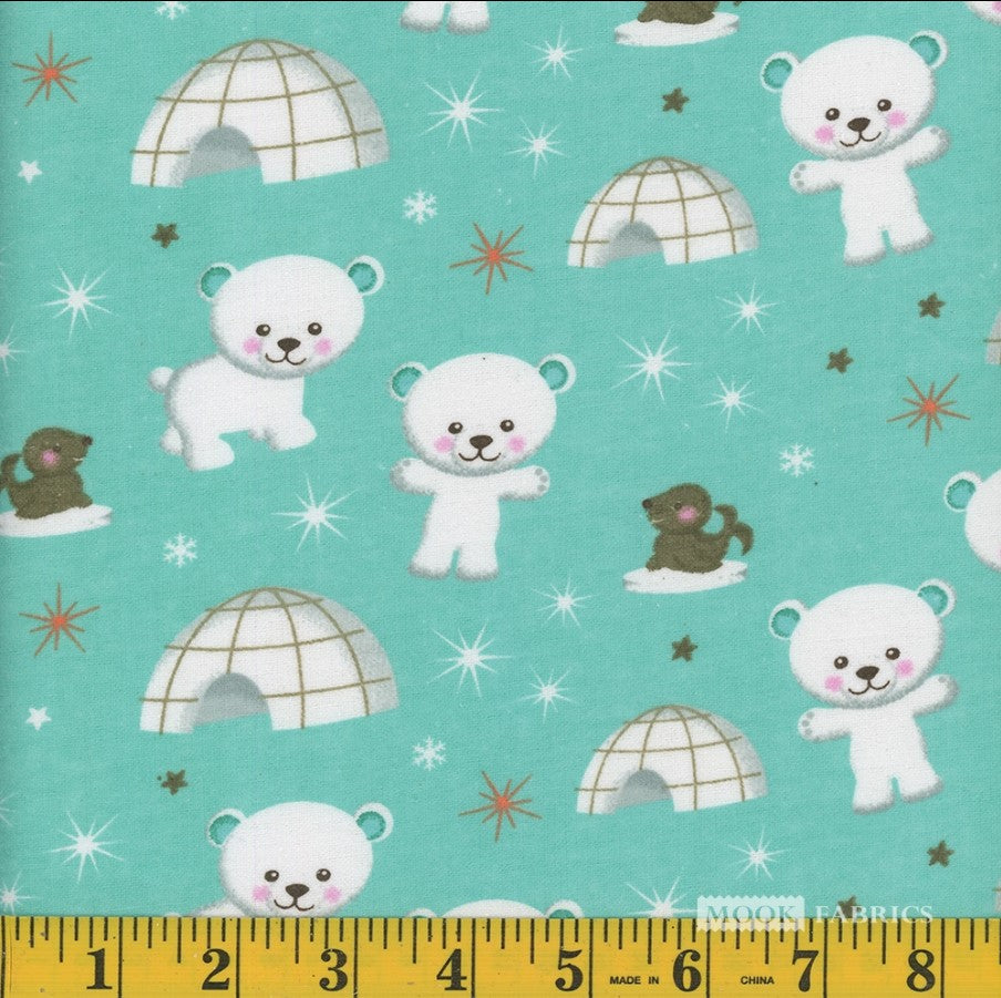 Mook Fabrics Flannel Igloo Bears Seals Mint Green Baby 100% Cotton Price per Yard