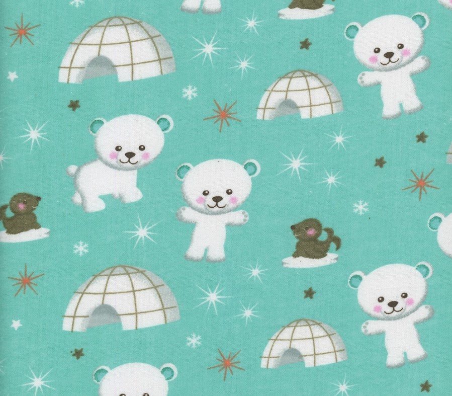 Mook Fabrics Flannel Igloo Bears Seals Mint Green Baby 100% Cotton Price per Yard