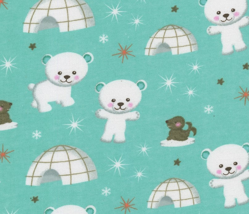 Mook Fabrics Flannel Igloo Bears Seals Mint Green Baby 100% Cotton Price per Yard