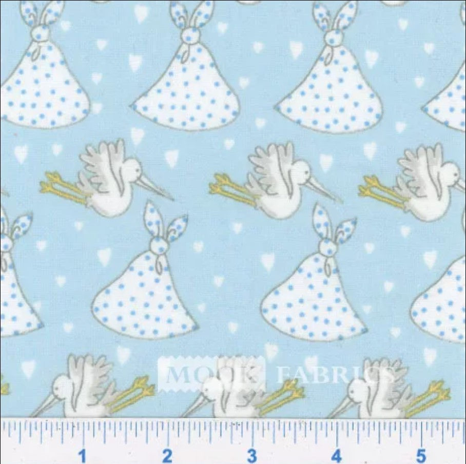 Mook Fabrics Flannel Storks Blue Baby 100% Cotton Price per Yard