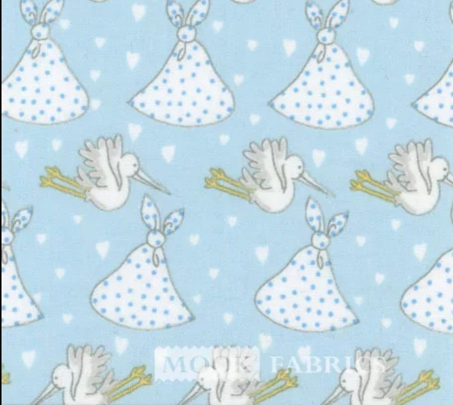 Mook Fabrics Flannel Storks Blue Baby 100% Cotton Price per Yard