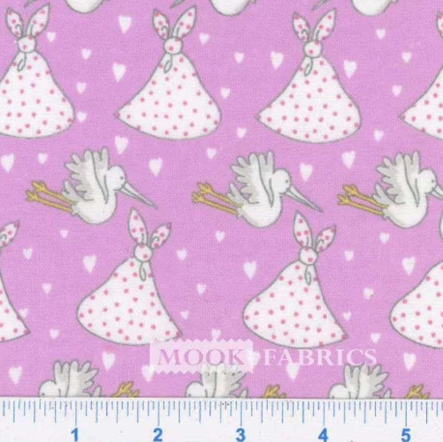 Mook Fabrics Flannel Storks Pink Baby 100% Cotton Price per Yard