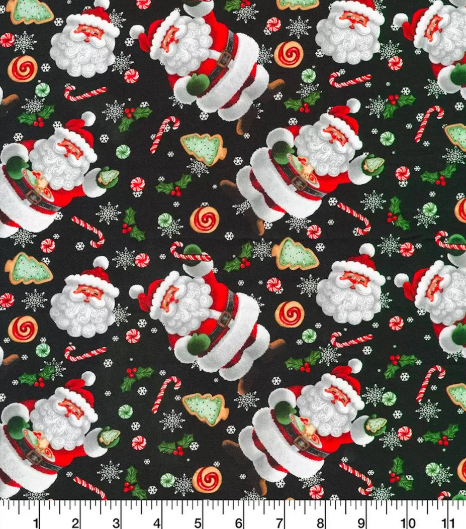 Christmas Santa and Cookies Snowflakes on Black 100% Cotton Price per Yard