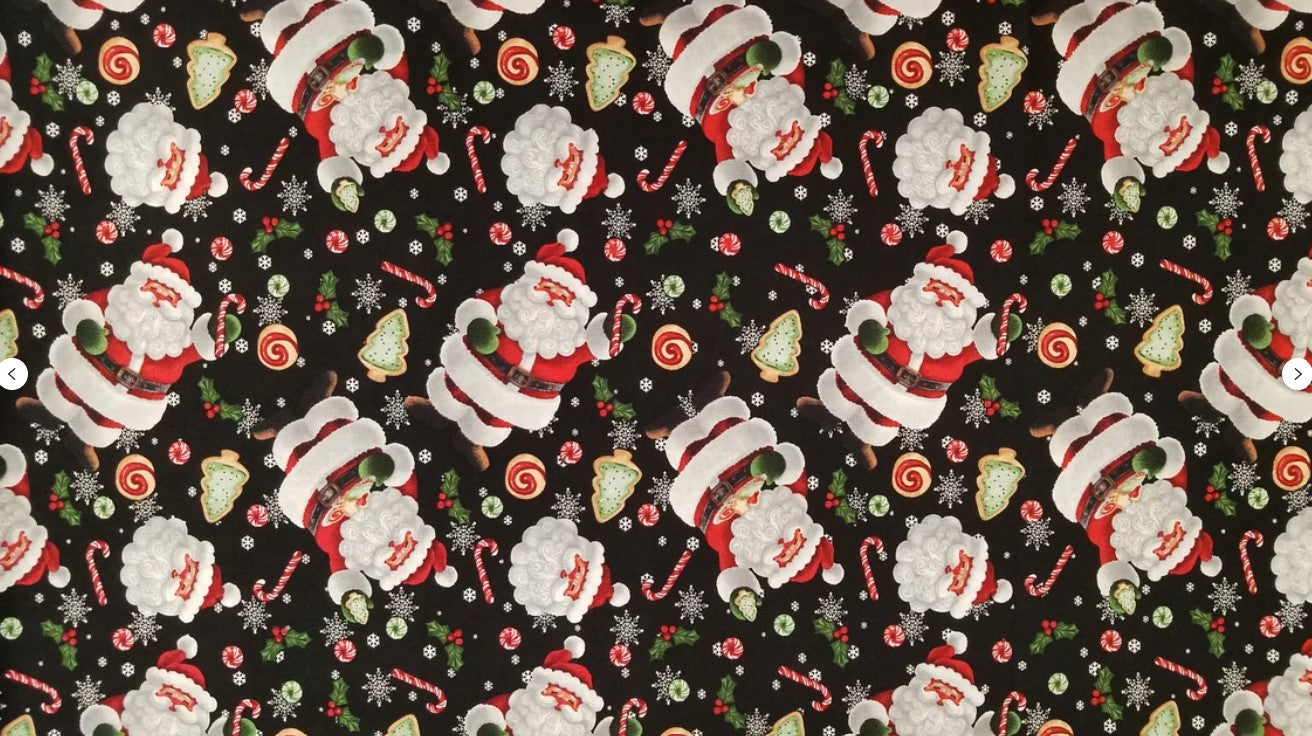 Christmas Santa and Cookies Snowflakes on Black 100% Cotton Price per Yard