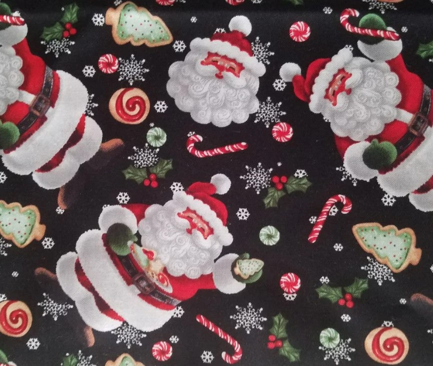 Christmas Santa and Cookies Snowflakes on Black 100% Cotton Price per Yard