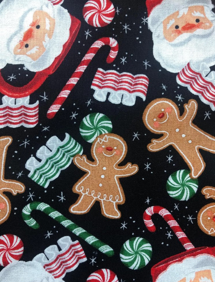 Christmas Santa and Gingerbread on Black 100% Cotton Price per Yard