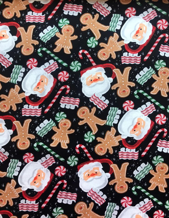 Christmas Santa and Gingerbread on Black 100% Cotton Price per Yard
