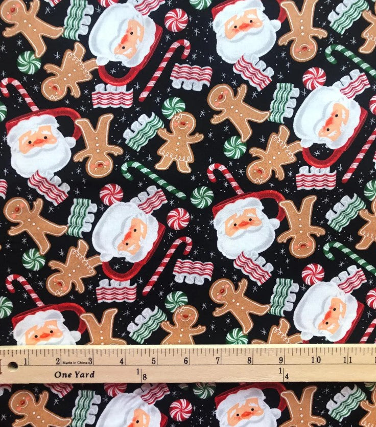 Christmas Santa and Gingerbread on Black 100% Cotton Price per Yard