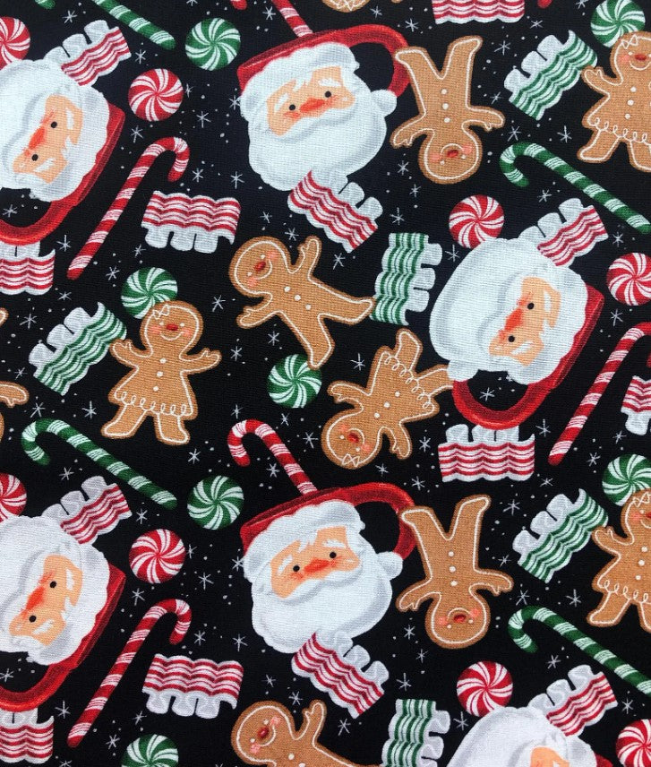 Christmas Santa and Gingerbread on Black 100% Cotton Price per Yard