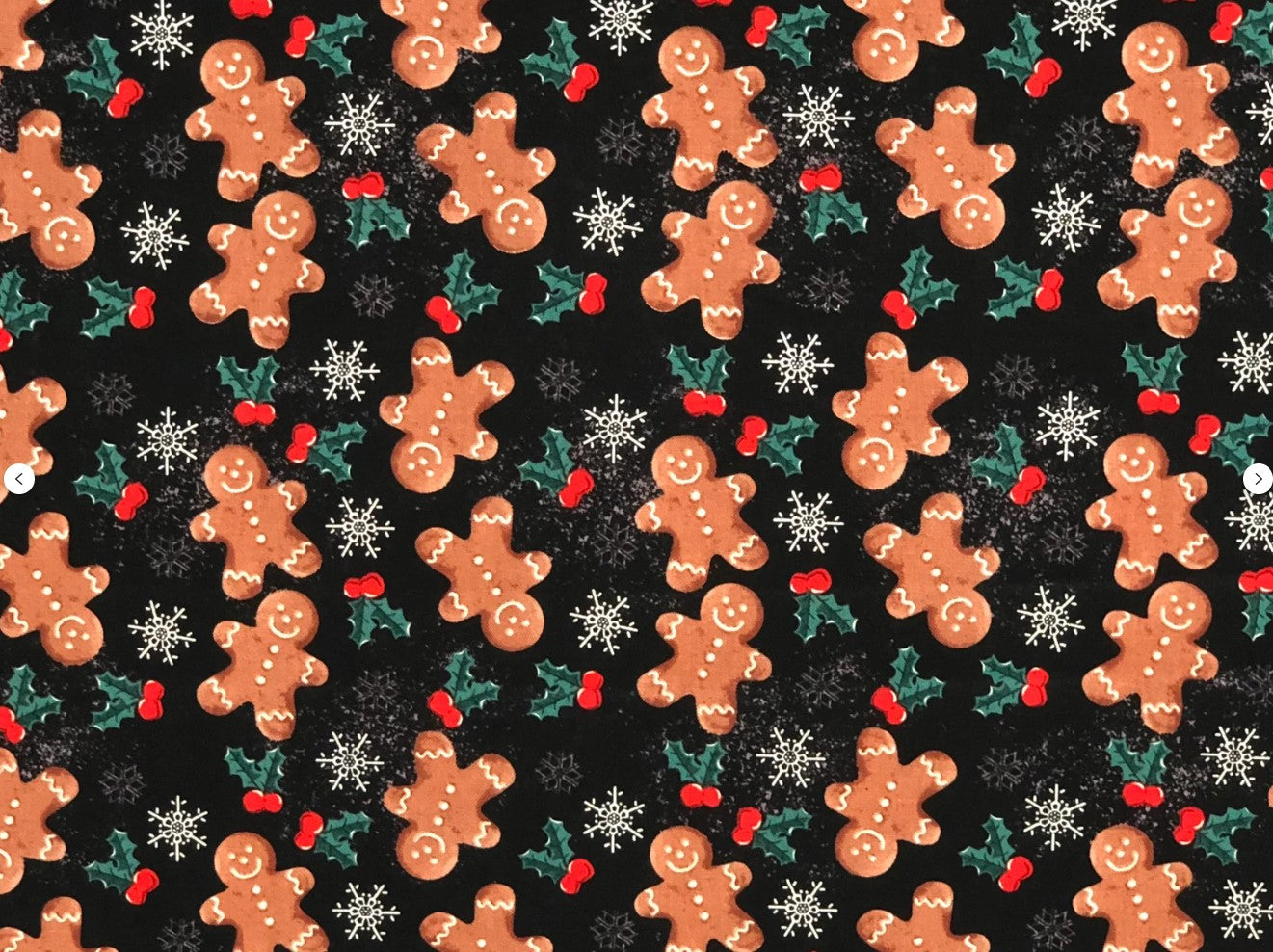 Christmas Gingerbread Snowflakes on Black 100% Cotton Price per Yard