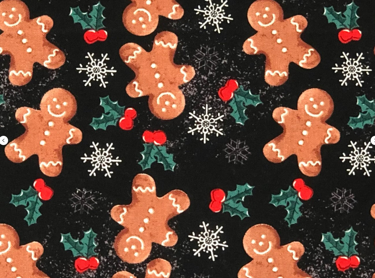 Christmas Gingerbread Snowflakes on Black 100% Cotton Price per Yard