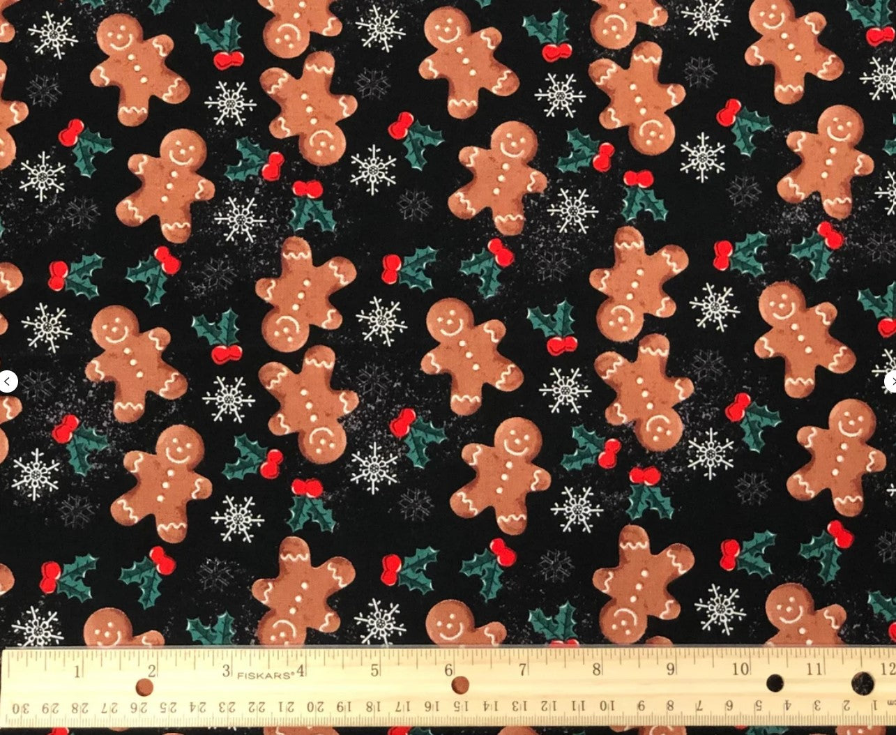 Christmas Gingerbread Snowflakes on Black 100% Cotton Price per Yard