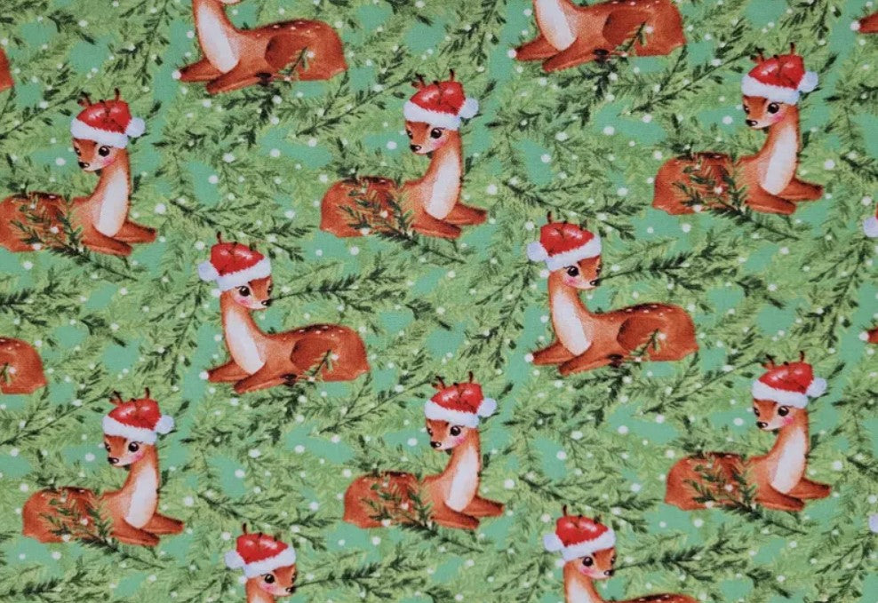 Christmas Santas Reindeer in Pines on Green 100% Cotton Price per Yard