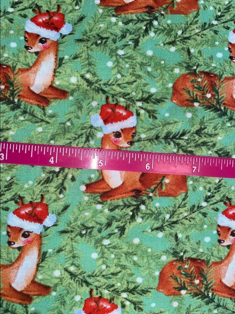 Christmas Santas Reindeer in Pines on Green 100% Cotton Price per Yard