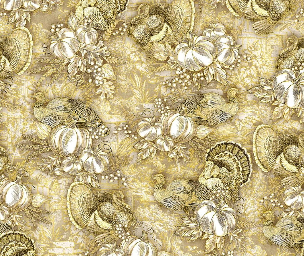 Benartex Thanksgiving Harvest Turkeys Toile Cream