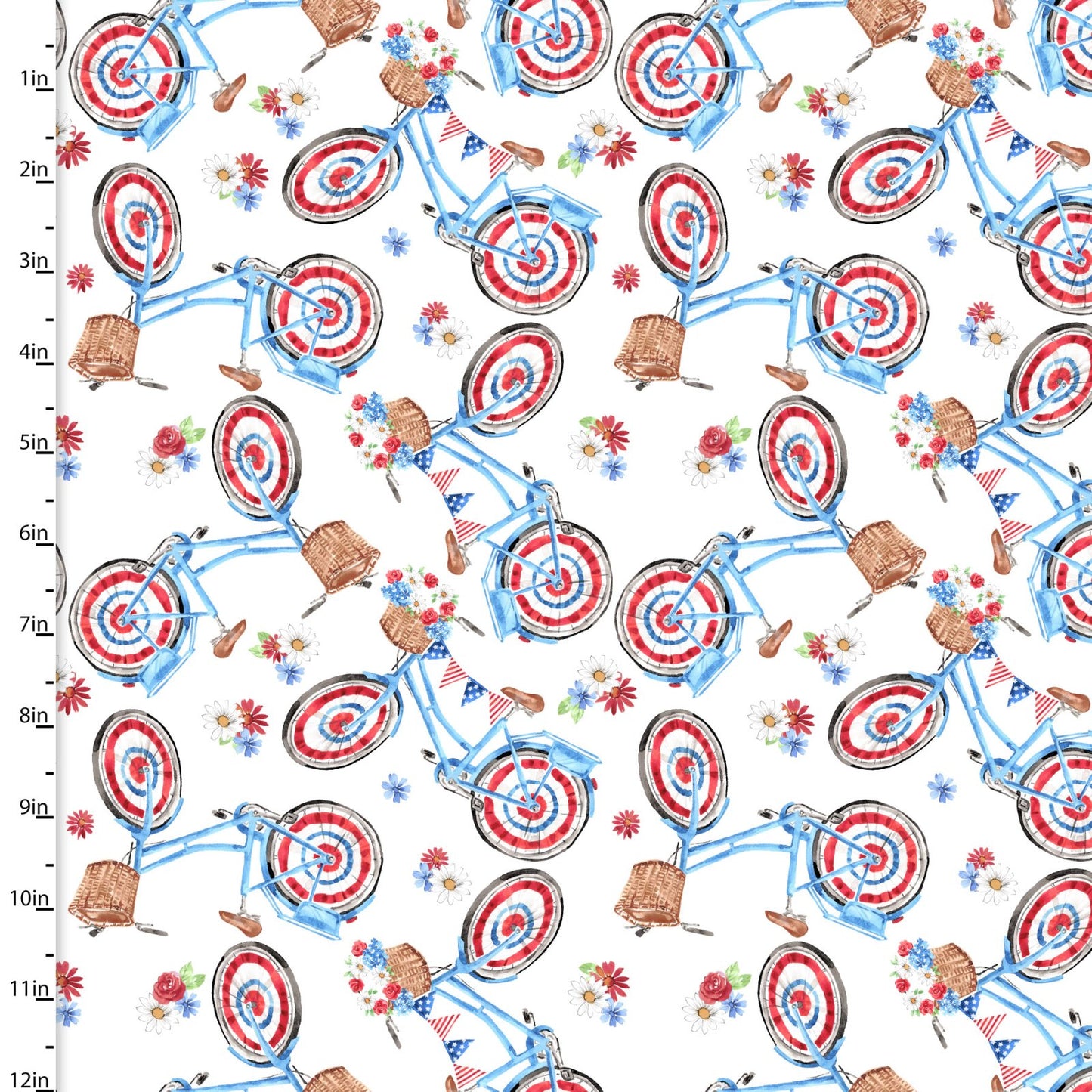 3 Wishes Fabric Patriotic Victory Pedal on White Bikes Price per Yard