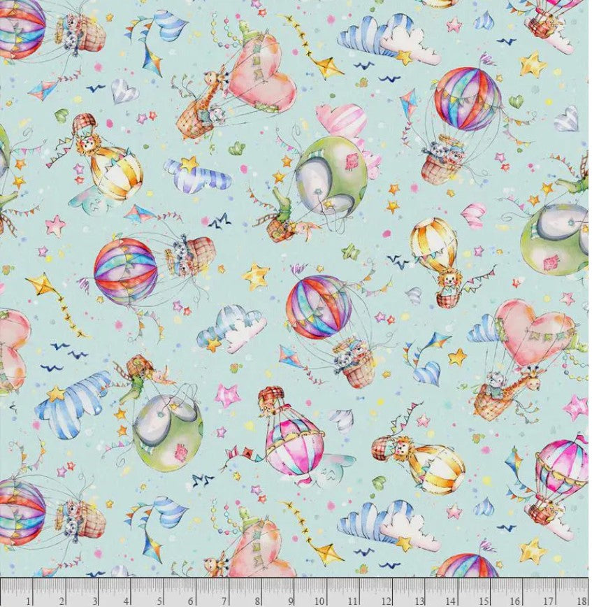 P & B Textiles Whiskerville Hot Air Balloon Toss Blue Baby 100% Cotton By the Yard